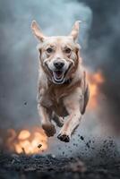 A heroic rescue dog dashes through dense smoke with glowing embers in the background. The dynamic scene captures the dog's determination and bravery during an intense rescue mission photo