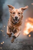 A brave rescue dog powers through thick smoke, showcasing its strength and courage. Glowing embers illuminate the backdrop, creating a cinematic moment of intense action photo