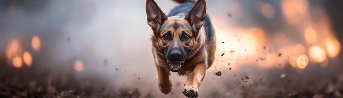 Amidst thick smoke and glowing embers, a courageous rescue dog dashes forward. Its focused expression embodies determination and swift action in the midst of chaos photo