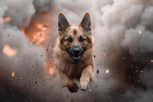 A rescue dog races through thick, billowing smoke, showcasing bravery and agility. Glowing embers illuminate the dramatic backdrop as the pup embodies a hero's spirit in action photo