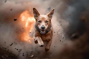 A brave rescue dog charges through swirling smoke, its focus sharp and determined amidst glowing embers, embodying courage and heroism in a perilous situation photo