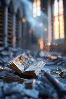 Amidst the remains of a historic library, shelves lie in shambles, scattered with charred books as soft smoke rises. Golden light breaks through shattered windows, enhancing the somber scene photo