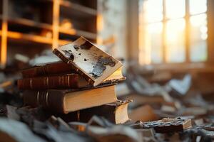 Shelves of books stand in ruins as soft smoke lingers in the air. Golden light streams through broken windows, casting a haunting glow on the charred remnants of a historic library photo