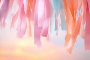 Lively streamers hang down in warm pink and orange hues as the sun sets softly in the background, creating a cheerful and inviting atmosphere perfect for celebrations photo