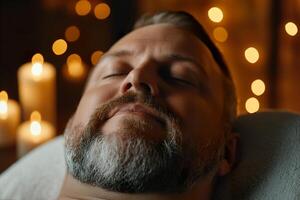 A man enjoying a soothing facial massage in a luxury spa, surrounded by warm candlelight. The serene atmosphere promotes self-care and relaxation, enhancing his peaceful experience photo