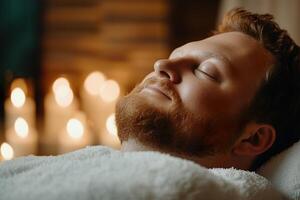 A man lies comfortably with his eyes closed, soaking in a facial massage at a luxury spa. The warm candlelight creates a calming atmosphere for indulgent self-care photo