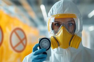 A scientist clad in a hazmat suit carefully holds a Geiger counter, assessing radiation levels. The background features blurred radioactive hazard signs, creating a tense yet focused atmosphere photo