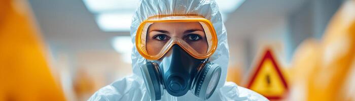 In a lab filled with soft, blurred radioactive hazard signs, a scientist in a hazmat suit carefully measures radiation levels with a Geiger counter, highlighting the importance of safety photo