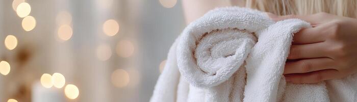 A relaxed woman gently wraps her damp hair in a plush white towel after a deep conditioning treatment, surrounded by a warm, soothing atmosphere with soft candlelight enhancing the spa vibe photo