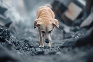 In a volcanic disaster zone, a search and rescue dog moves steadily through grey ash, sniffing the air for any signs of survivors, embodying bravery and hope amidst devastation photo