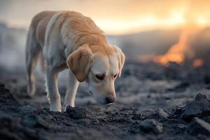 At a volcanic disaster site, a search-and-rescue dog sniffs the air, determinedly seeking survivors through the soft grey ash underfoot photo