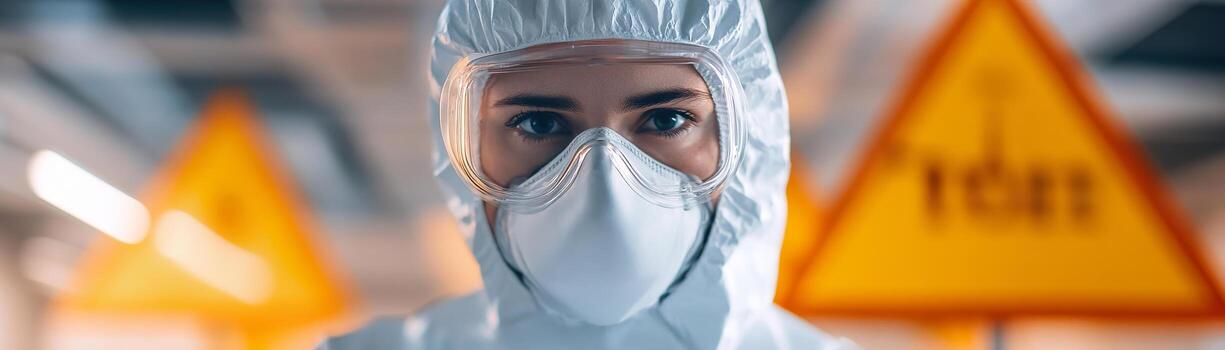 A scientist dressed in a protective hazmat suit focuses on a Geiger counter while navigating a space marked with blurred radioactive hazard signs in dim lighting, ensuring safety photo