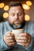 A man sits comfortably in a cafe, holding a warm cup of coffee. He appears contemplative, surrounded by a soft-focus background and warm lighting, creating a sense of peace photo