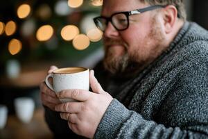 A thoughtful overweight man sits in a cozy cafe, holding a warm cup of coffee. The soft-focus background and warm ambient lighting create a peaceful mood perfect for reflection photo