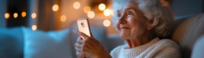 An elderly woman expresses joy while using a smartphone in a softly lit living room, happily pointing at a digital app interface, surrounded by a warm atmosphere photo
