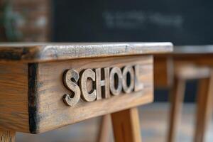 A polished wood school desk features SCHOOL engraved on its surface. Soft golden lighting casts a warm glow, while a blurred chalkboard enhances the vintage academic atmosphere photo