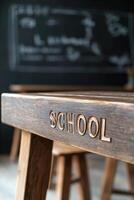 The polished wood desk features the word SCHOOL engraved on its surface, illuminated by warm golden lights. A blurred chalkboard creates a nostalgic academic atmosphere photo