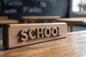 A polished wooden school desk featuring the word school engraved into its surface. Soft golden light illuminates the nostalgic setting, creating a comforting and academic atmosphere photo
