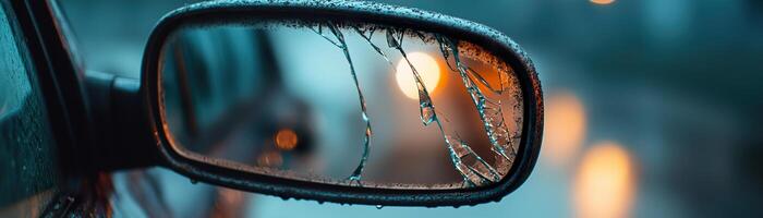 A shattered rearview mirror hangs precariously by a thread within the interior of a damaged vehicle, set against a dimly lit backdrop filled with dust photo
