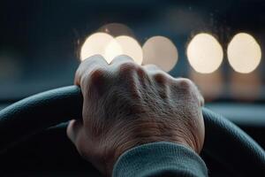 In a tense moment, hands firmly hold the steering wheel while bright headlights loom ahead, creating an atmosphere charged with urgency and potential danger on a nighttime road photo