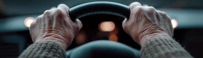 Hands tightly clutch the steering wheel, capturing an intense moment as headlights loom closer, creating a suspenseful atmosphere of impending collision photo
