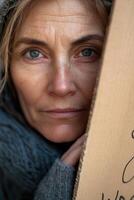 A middle-aged homeless woman gazes into the lens with kind yet weary eyes. She holds a cardboard sign, surrounded by softened urban elements in warm light photo