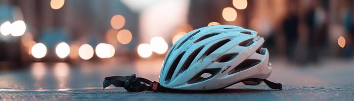 A cycling helmet rests forgotten on a bustling city street, hinting at an accident. Warm, golden light casts a cinematic glow over the blurred traffic in the background photo