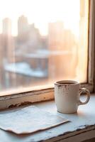 Dust gathers on the windowsill of an old hostel, where a cracked window provides a view of a hazy skyline. An empty coffee mug sits beside a folded map, evoking a sense of nostalgia photo