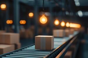 Small parcels glide along a conveyor belt in a dimly lit warehouse space. A single lamp casts a warm glow, creating a cozy yet focused atmosphere for logistics work photo