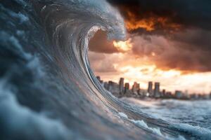 A massive tsunami wave surges towards a contemporary coastal city, with dark storm clouds overhead and golden sunlight filtering through, creating a dramatic disaster scene photo