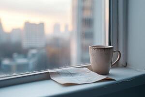 Through a cracked hostel window, a hazy city skyline emerges. A dusty windowsill hosts an empty coffee mug beside a folded map, capturing a moment of nostalgia and longing photo
