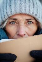 Close-up of a middle-aged homeless woman with tired but kind eyes. She holds a handwritten sign, her face reflecting hardship and resilience in soft, warm light against a blurred city backdrop photo