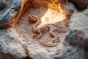 A detailed fossilized dinosaur skeleton is embedded in a rock formation. Golden light highlights the intricate bone and stone textures, creating a cinematic paleontology display photo