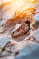 A fossilized dinosaur skull is nestled in a rock formation, highlighted by soft golden light showcasing the detailed textures of the prehistoric find, revealing its ancient past photo