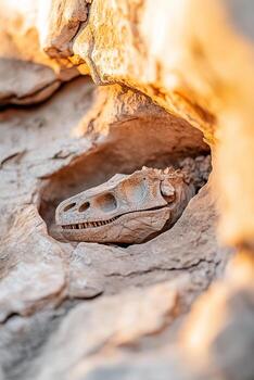 A dinosaur fossil is embedded in an ancient rock. Soft golden light illuminates the fossil's textures, creating a cinematic aesthetic of paleontological history photo