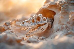 Intricate dinosaur skull fossil is embedded within an ancient rock formation. Soft, golden light illuminates the skull's textures, evoking a historical and cinematic paleontology aesthetic photo
