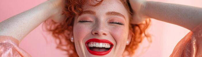 A fashionable redhead woman wearing bold red lipstick and a sparkly dress laughs with excitement. Her hands are on her head, and she's set against a blurred pastel backdrop photo