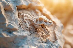A detailed dinosaur fossil rests embedded within an ancient rock formation. Soft golden light illuminates its intricate texture, creating a historical and cinematic paleontology aesthetic photo