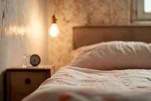 un pequeño, escasamente amueblado Hostal habitación contiene un soltero cama con floral hojas y un Delgado colchón. un alarma reloj y vaso de agua sentar en el cabecera mesa debajo un desnudo bulbo foto