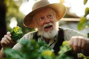 An old man wearing a hat and overalls is picking leafy greens in a vibrant garden, his face showing a delightful and surprised expression as he holds the freshly harvested produce photo