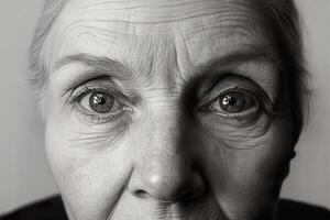 A finely detailed charcoal portrait of an older woman focusing on her face. Lines and wrinkles emphasize age and experience. Her eyes seem to look straight ahead with wisdom photo