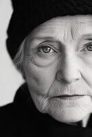 Close-up view showing an older woman wearing a dark hat. Every wrinkle tells a story of strength and wisdom, captured through detailed shading and textured strokes photo