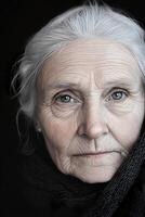 A close up charcoal rendering of an older woman's face. Every line and shadow tells a story of life, resilience, and the wisdom that comes with age. The soft light enhances the depth of emotion photo