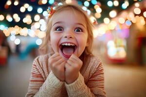 A young girl, filled with joy, clasps her hands together in front of her. Her eyes are wide, and her mouth is open in a happy expression, lit by warm, blurred outdoor light photo