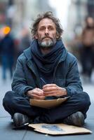 A homeless man sits cross-legged, engrossed in drawing a detailed portrait on cardboard. Pedestrians pass him by in a soft blur, highlighting his focused artistic activity on the sidewalk photo