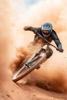 A mountain biker finds themselves airborne after hitting an obstacle on a rough trail. Dust clouds form around them as the sun casts a golden light, adding drama to the moment photo