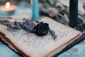 Arranged on aged parchment, pressed black roses and dried lavender are accented by handwritten notes on mystical properties. A flickering candle enhances the dark academia atmosphere photo