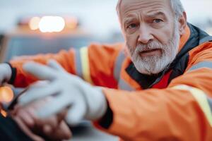 A paramedic extends a hand to help an injured individual from a car, with an emergency vehicle softly blurred in the background, illuminated by warm golden light symbolizing hope photo