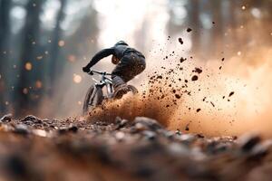 A mountain biker finds themselves airborne after colliding with an obstacle on a challenging trail. Dust billows around them as they navigate the rugged terrain, framed by warm, golden light photo