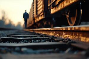Rusty freight cars are lined up in a tranquil railway yard as the sun rises. A lone worker walks towards an old train engine, merging with the warm light and nostalgic atmosphere photo